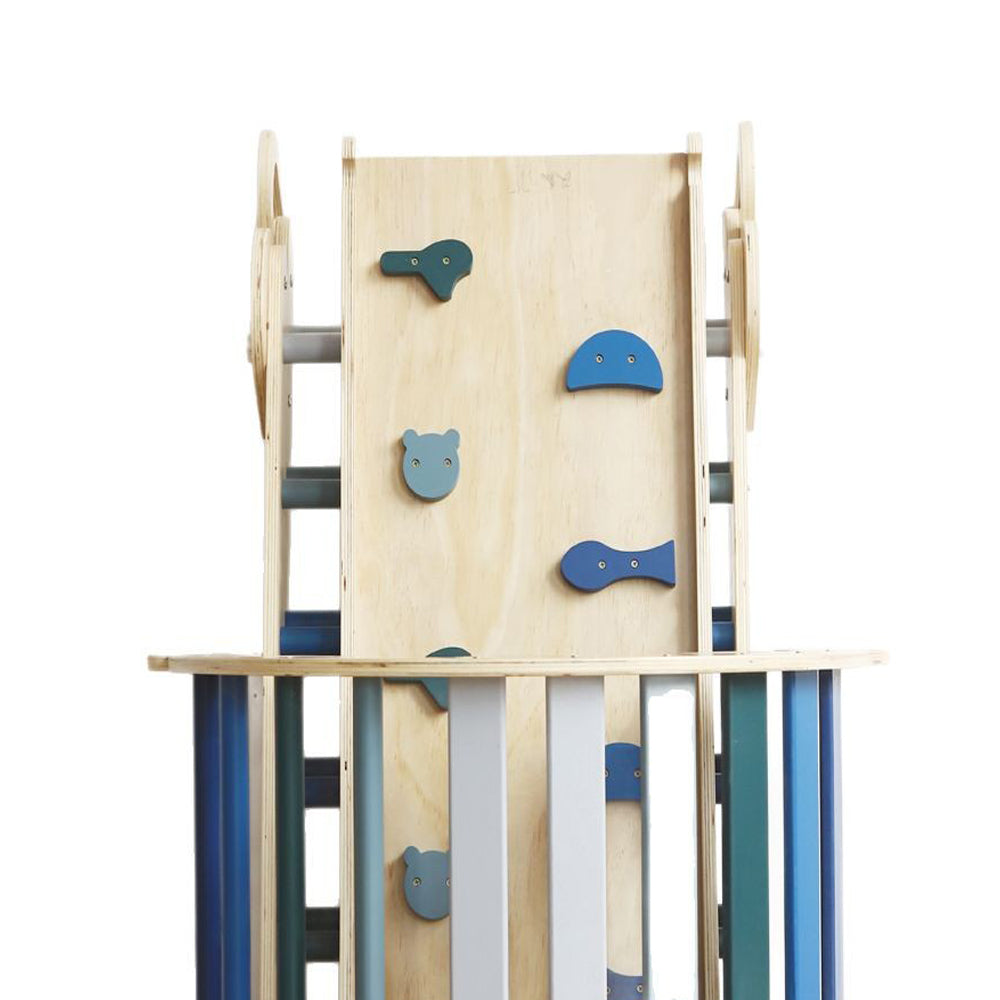 Wooden climbing triangle playset with foldable structure, slide ramp, and swing arch