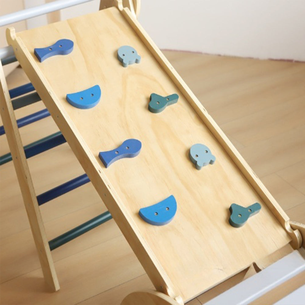 Wooden climbing triangle playset with foldable structure, slide ramp, and swing arch