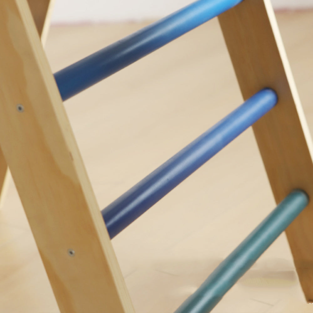 Wooden climbing triangle playset with foldable structure, slide ramp, and swing arch