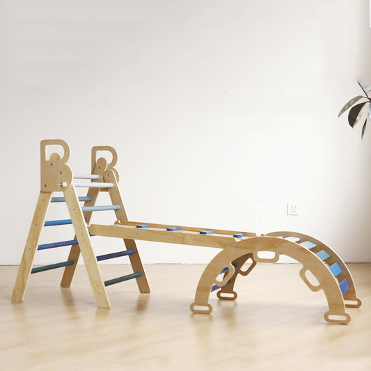 Wooden climbing triangle playset with foldable structure, slide ramp, and swing arch