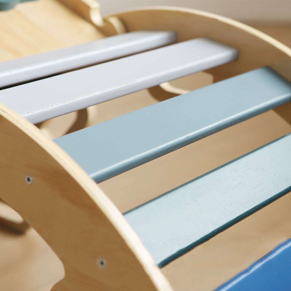 Wooden climbing triangle playset with foldable structure, slide ramp, and swing arch