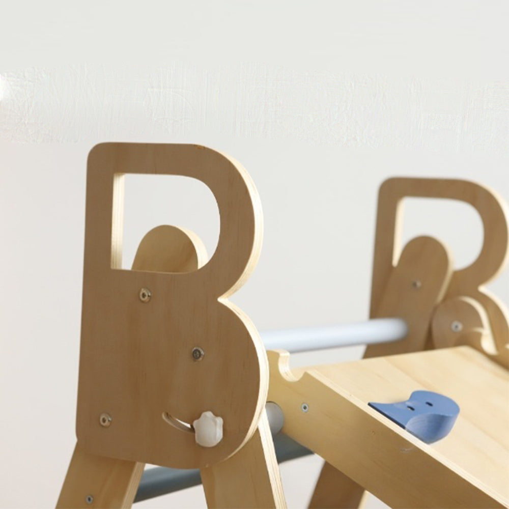 Wooden climbing triangle playset with foldable structure, slide ramp, and swing arch