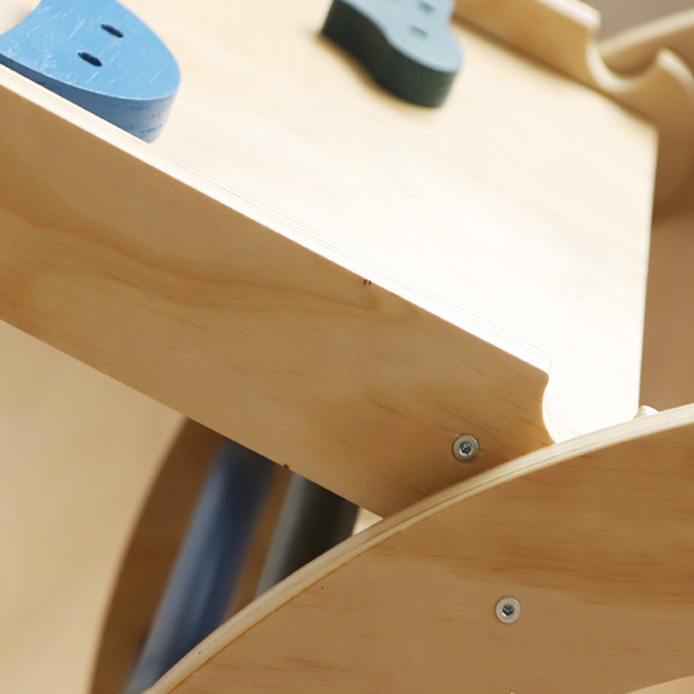 Wooden climbing triangle playset with foldable structure, slide ramp, and swing arch