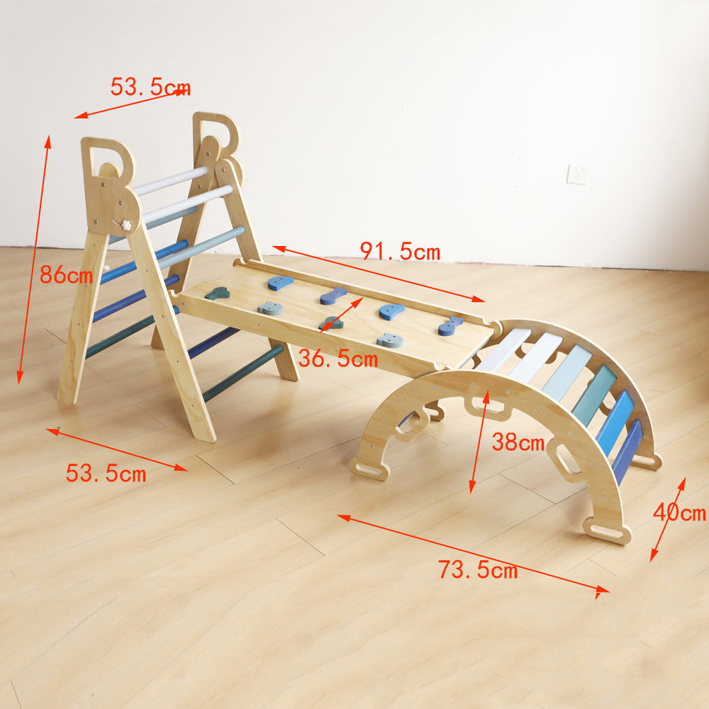 Wooden climbing triangle playset with foldable structure, slide ramp, and swing arch