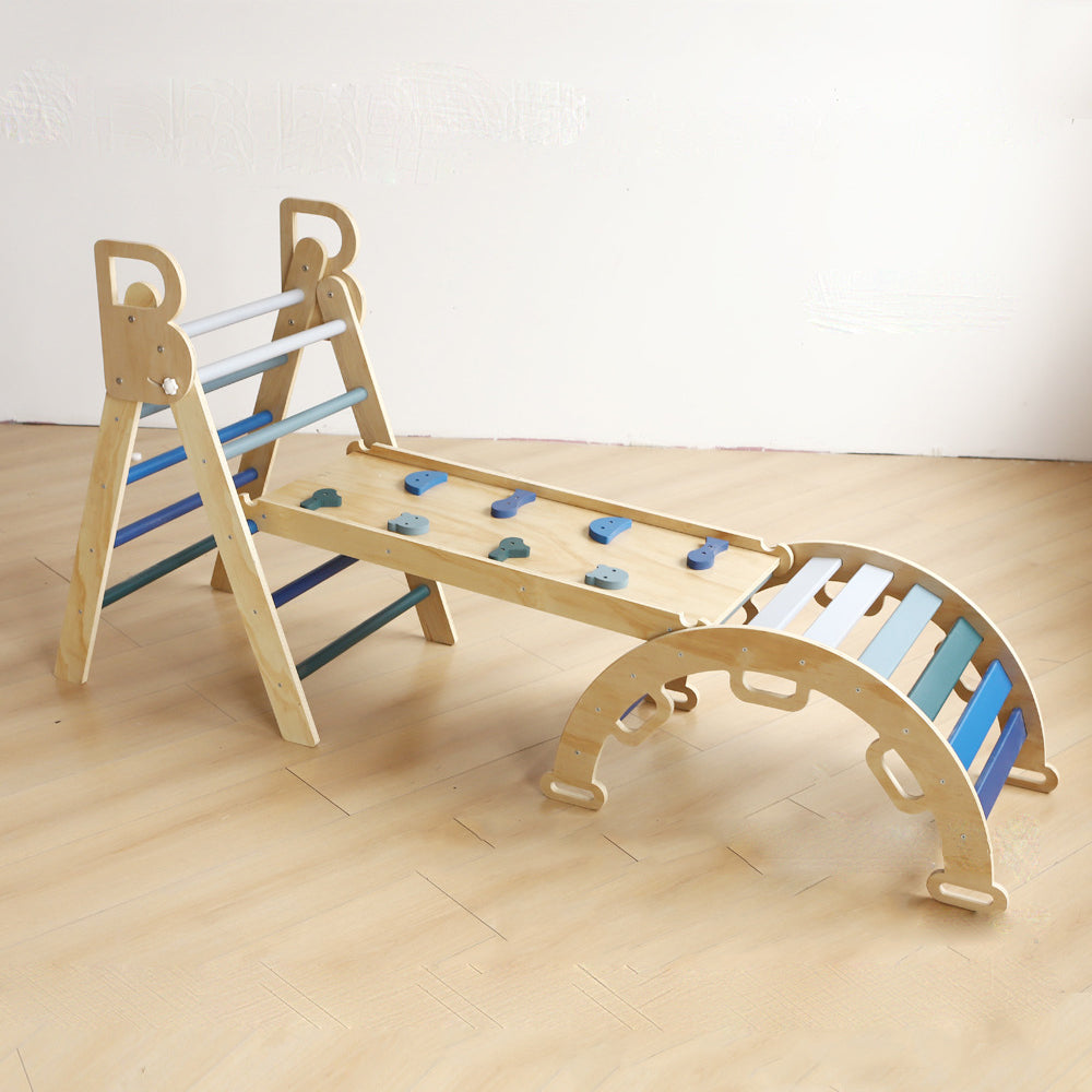 Wooden climbing triangle playset with foldable structure, slide ramp, and swing arch