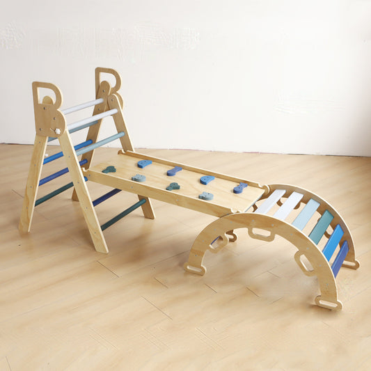 Wooden climbing triangle playset with foldable structure, slide ramp, and swing arch