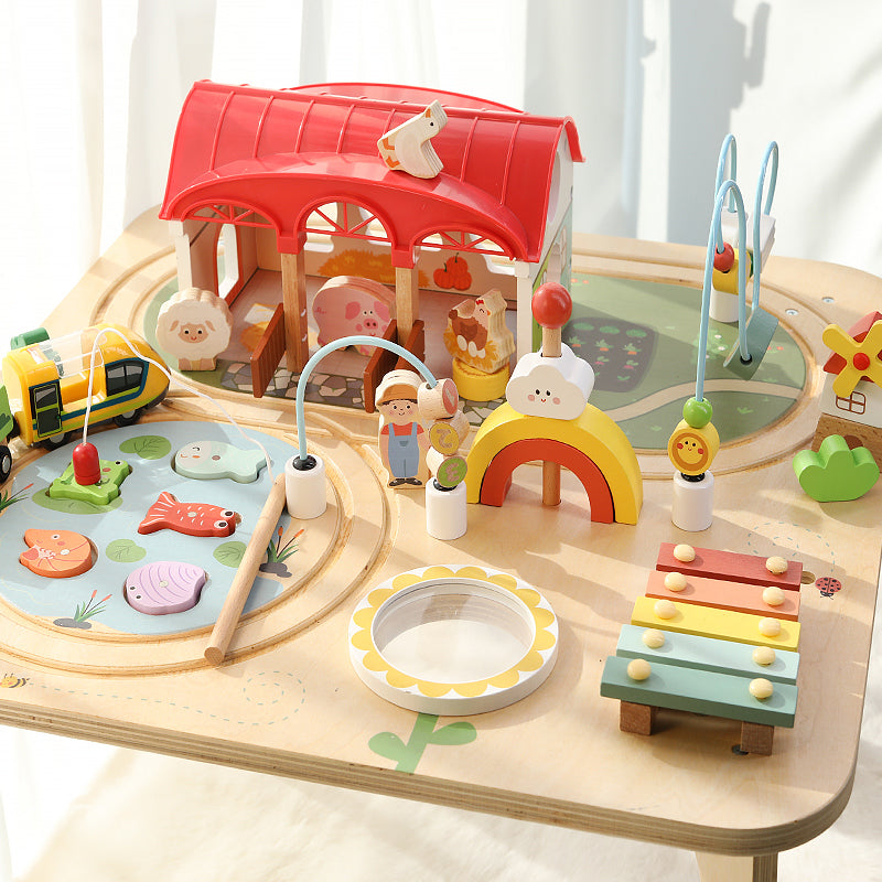 Wooden Montessori activity table with magnetic fishing and train set – jollychest