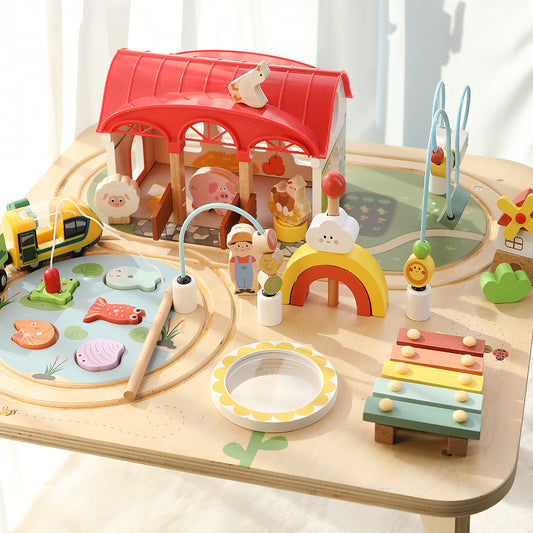 Wooden Montessori activity table with magnetic fishing and train set – jollychest