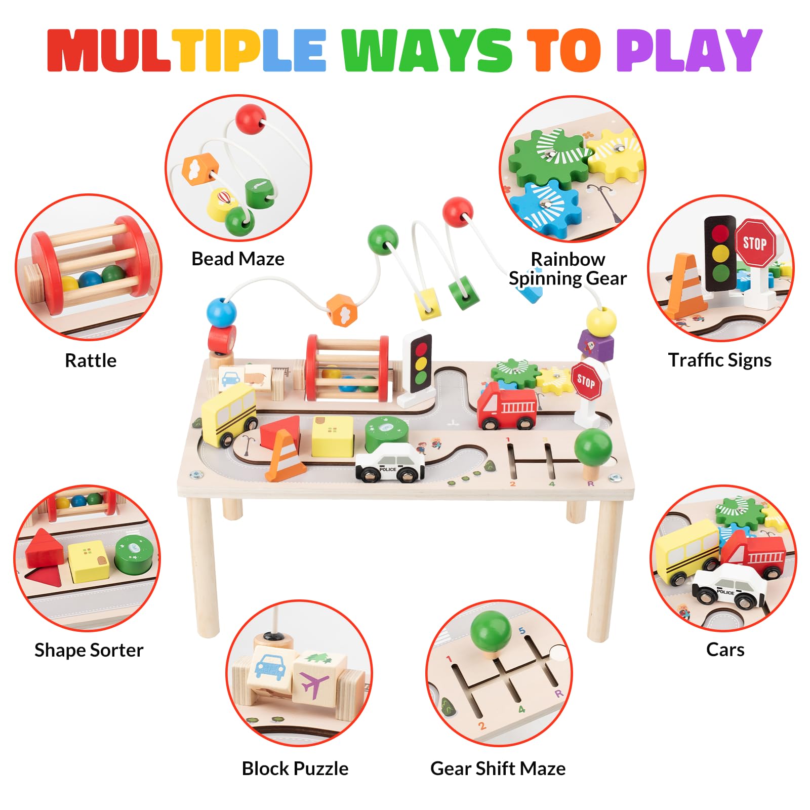 jollychest Montessori Busy Table with Multiple Play Options – Bead Maze, Car Tracks and Shape Sorter