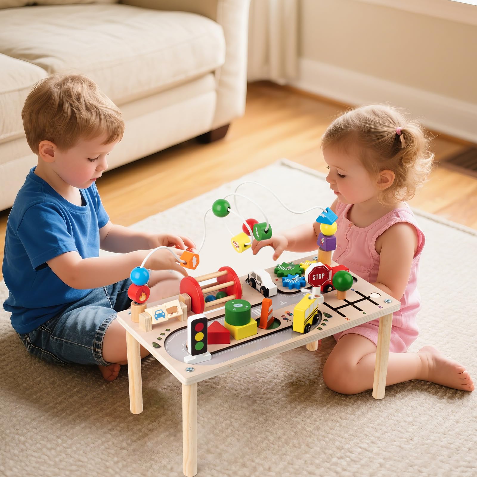 Kids playing with jollychest Montessori Wooden Busy Table – Interactive Activity Play Table for Early Learning