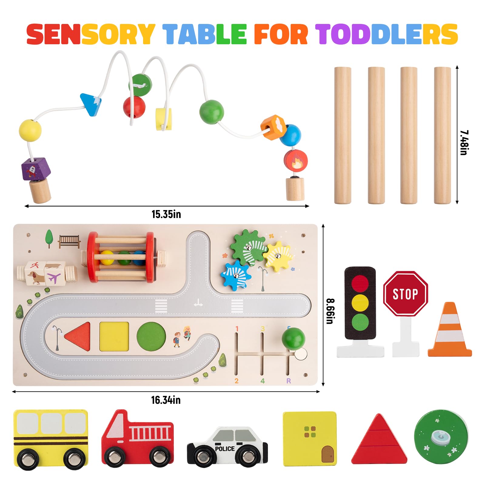 jollychest Montessori Sensory Busy Table – Wooden Activity Table for Toddlers with Shapes and Colors