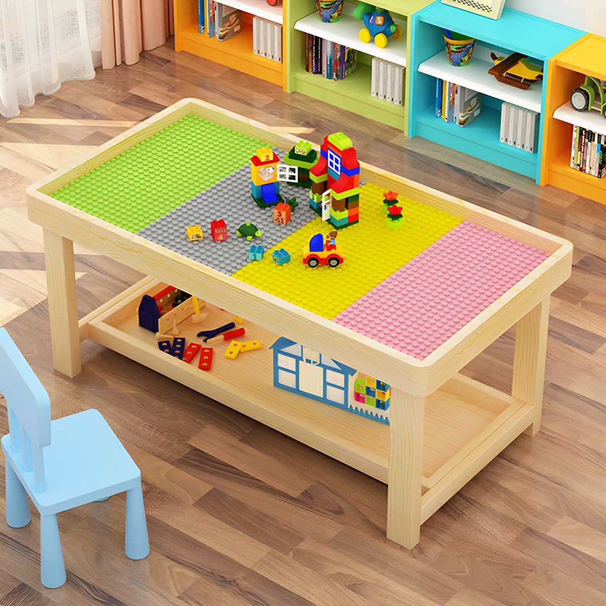 Montessori Wooden Building Block Table – Multifunctional Toddler Play Desk