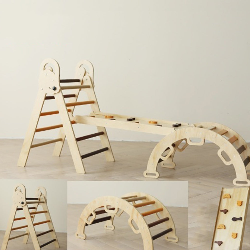 Montessori climbing triangle set with earth-tone rungs and wooden arch in natural colors