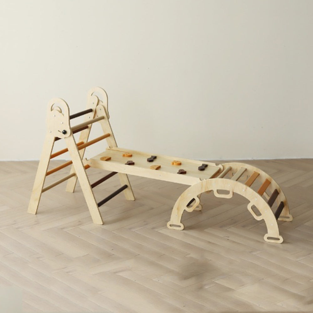 Montessori climbing triangle set with earth-tone rungs and wooden arch in natural colors