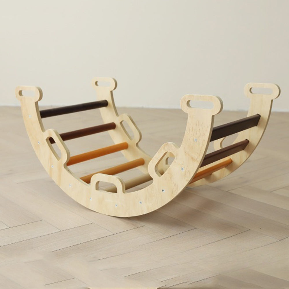 Montessori climbing triangle set with earth-tone rungs and wooden arch in natural colors