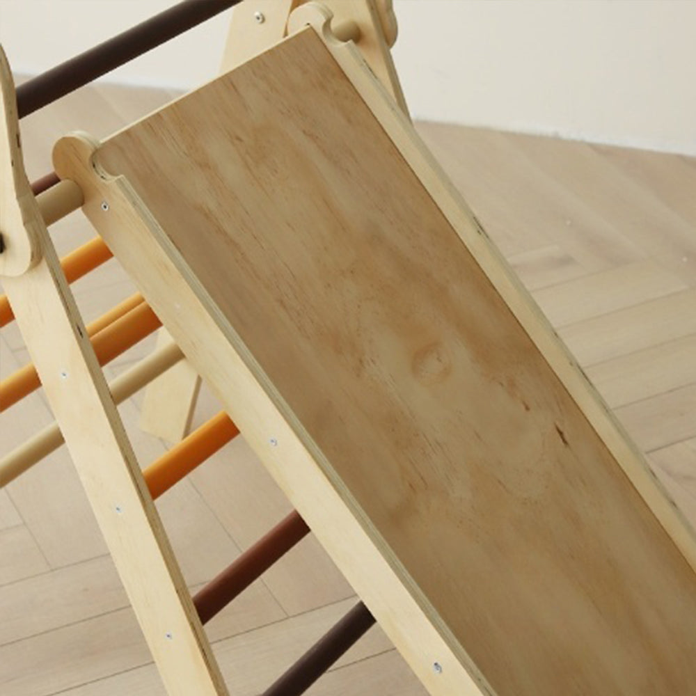 Montessori climbing triangle set with earth-tone rungs and wooden arch in natural colors