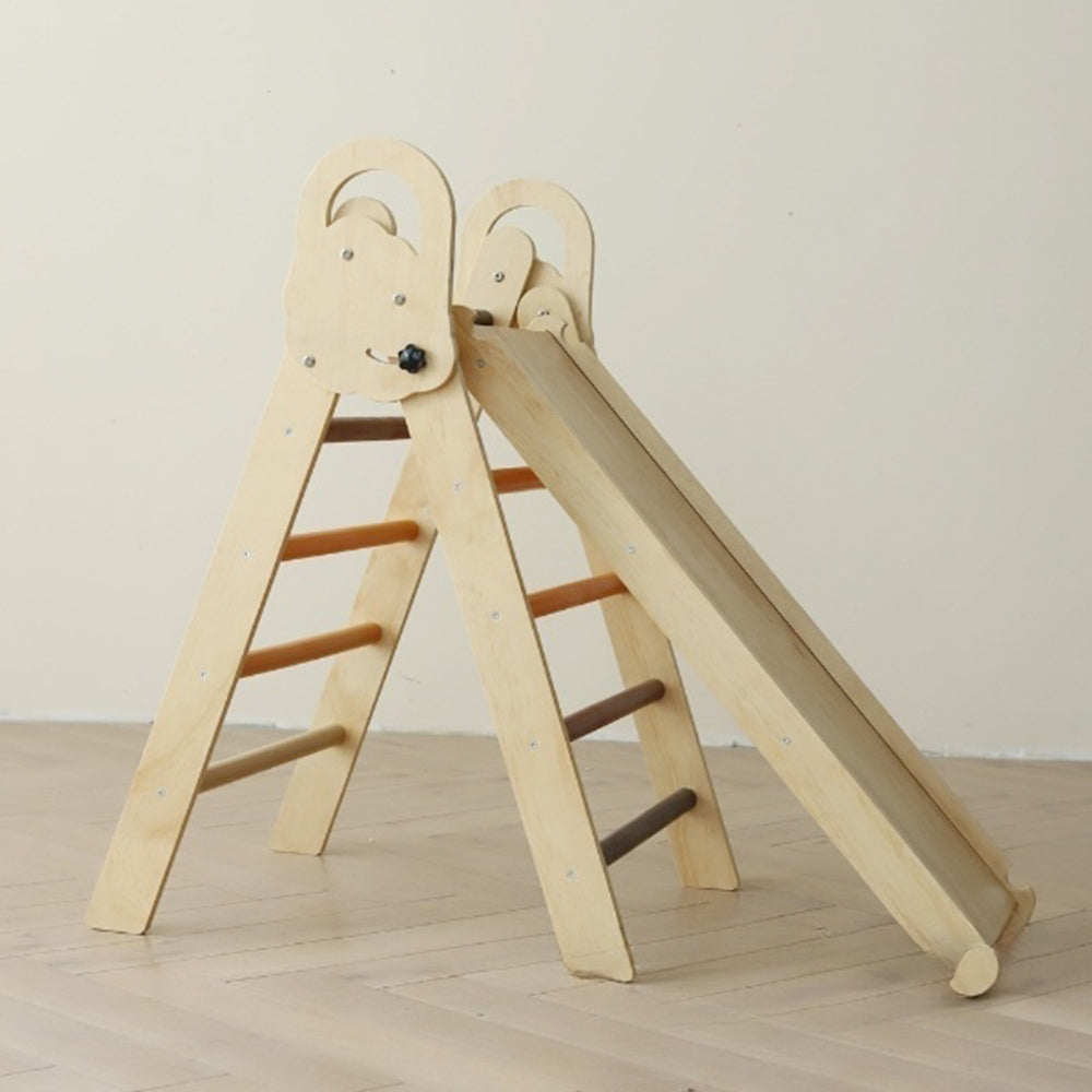 Montessori climbing triangle set with earth-tone rungs and wooden arch in natural colors