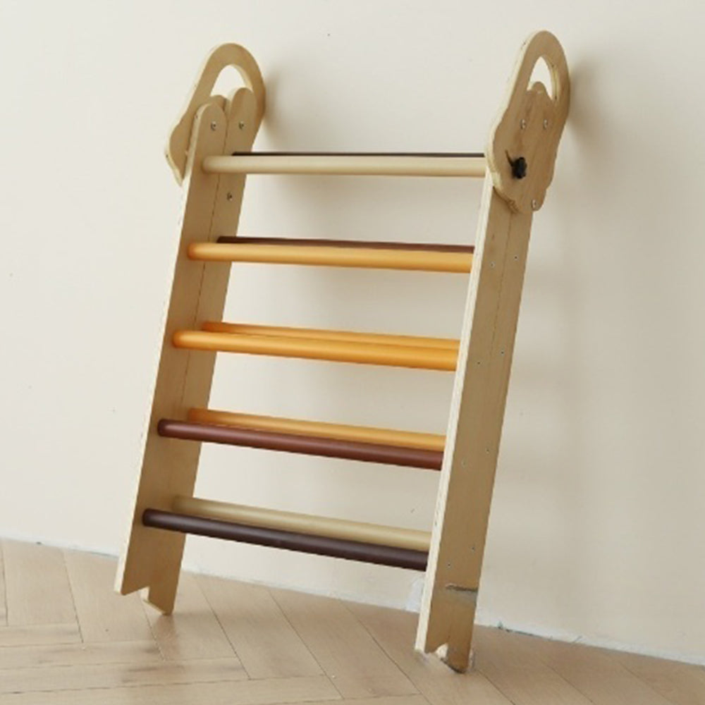 Montessori climbing triangle set with earth-tone rungs and wooden arch in natural colors