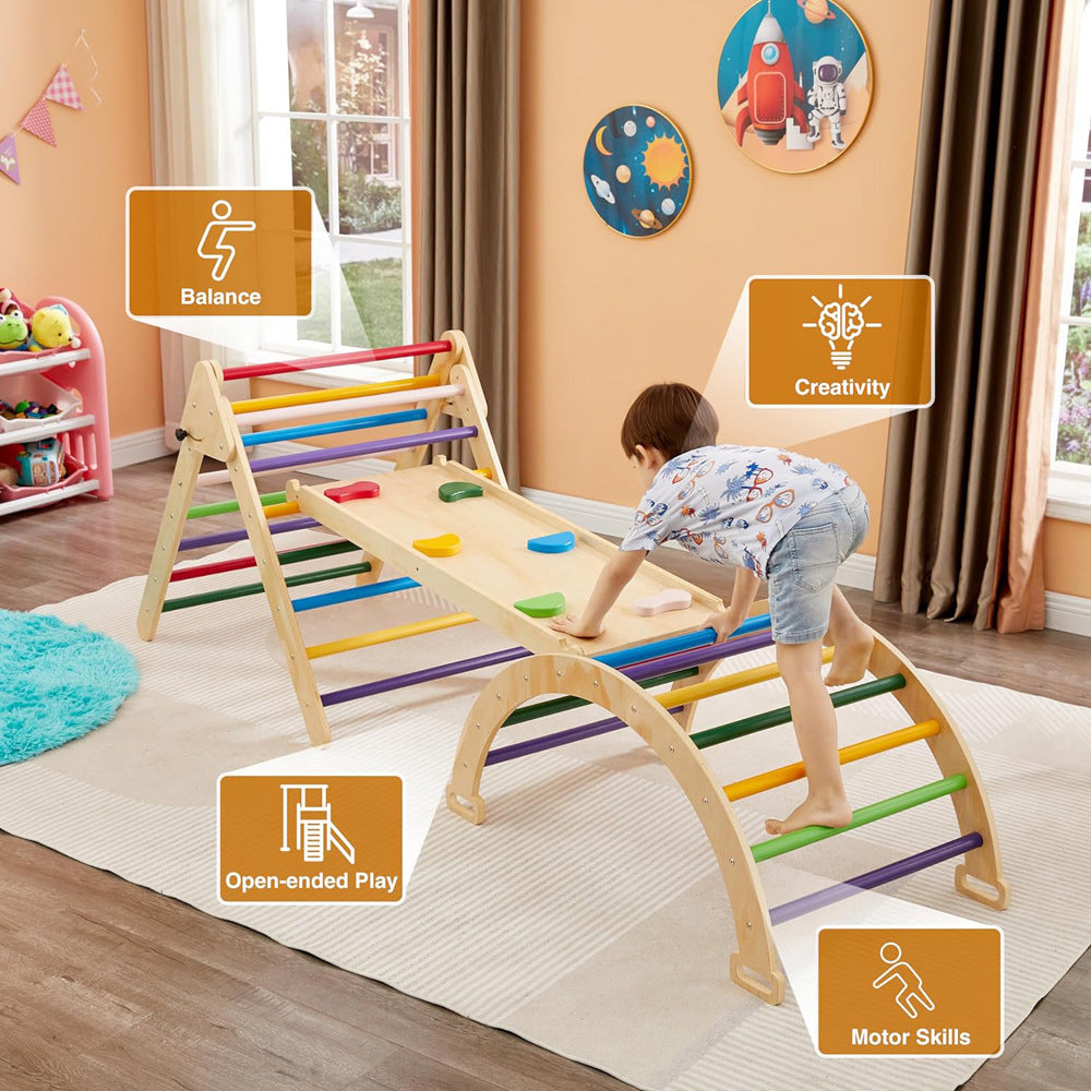 Foldable Montessori Climbing Triangle and Arch Play Set Made of Wood with Colorful Rungs and Double-Sided Slide