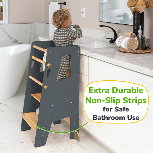 Montessori Learning Tower in Grey and Natural Wood – Safe, Height-Adjustable Wooden Step Stool for Children
