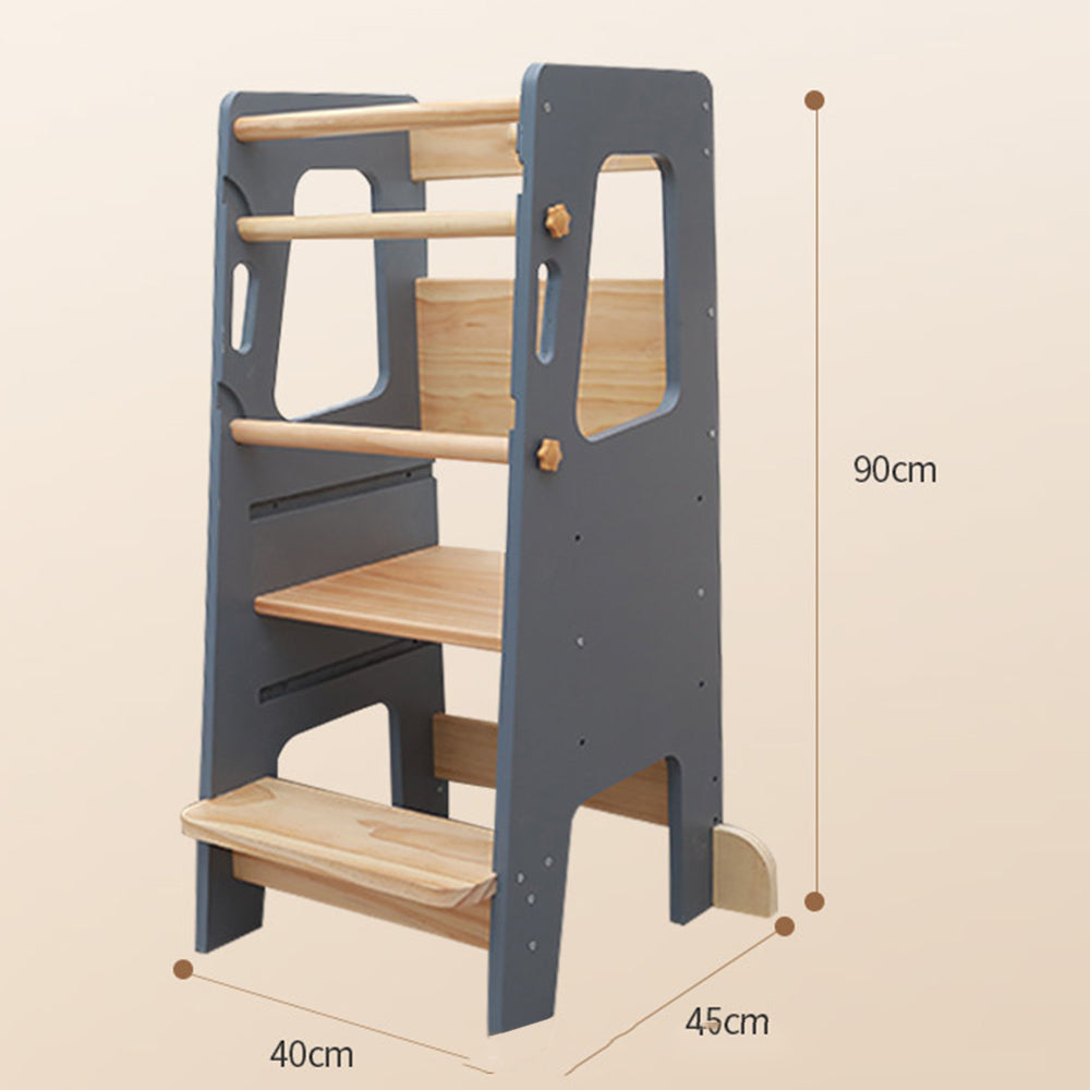 Montessori Learning Tower in Grey and Natural Wood – Safe, Height-Adjustable Wooden Step Stool for Children