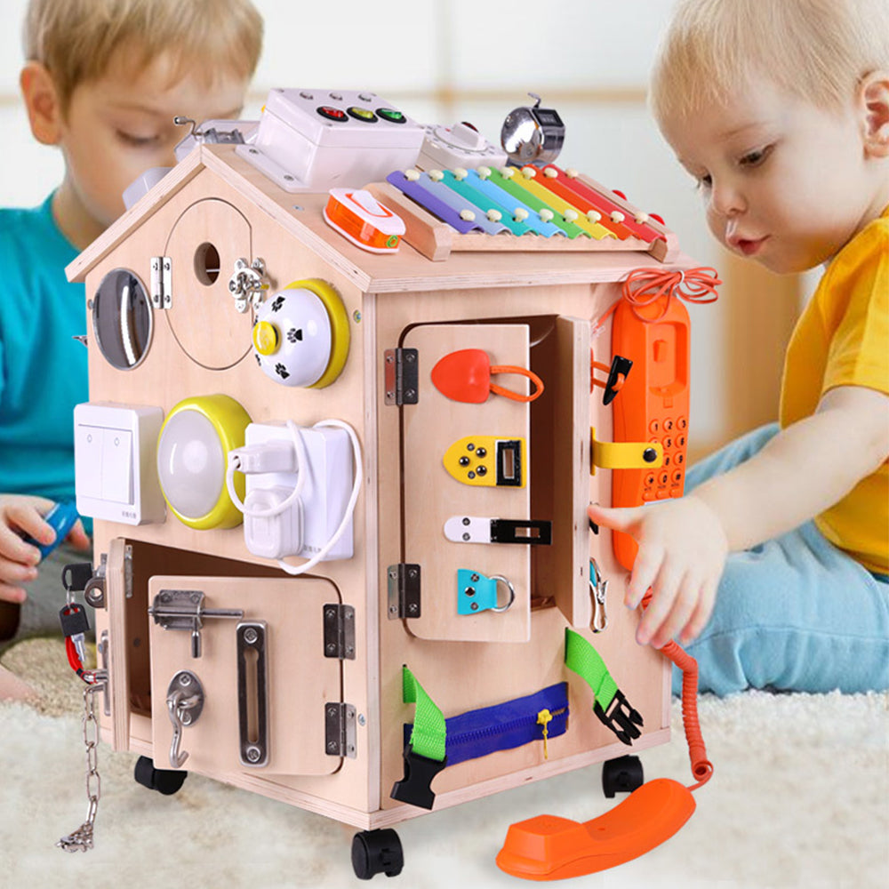 Montessori wooden busy house – educational sensory toy for fine motor skills and early learning