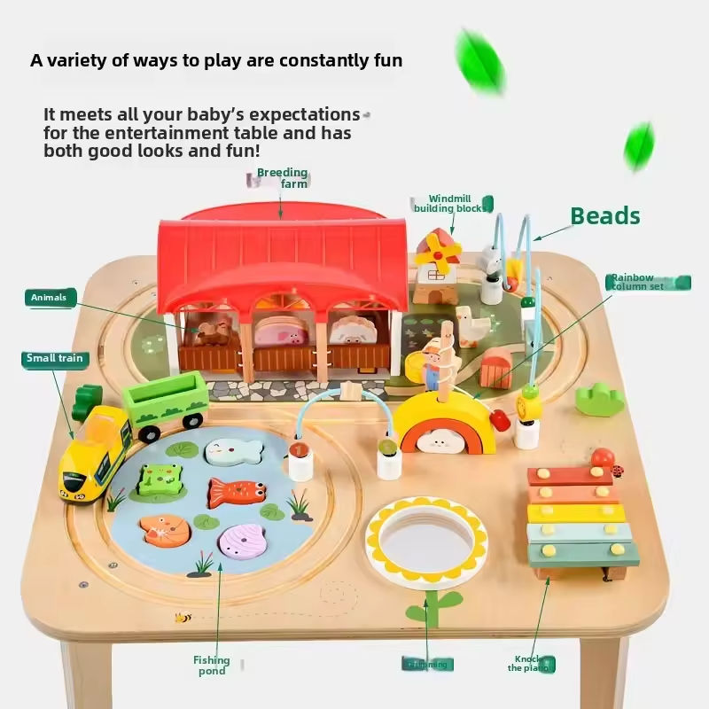 Montessori wooden busy table with train track and beads play – jollychest