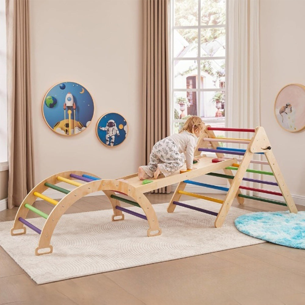Foldable Montessori Climbing Triangle and Arch Play Set Made of Wood with Colorful Rungs and Double-Sided Slide