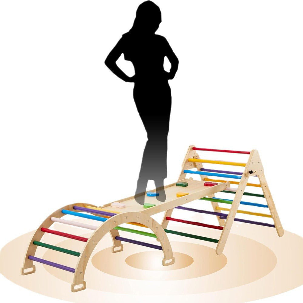 Foldable Montessori Climbing Triangle and Arch Play Set Made of Wood with Colorful Rungs and Double-Sided Slide