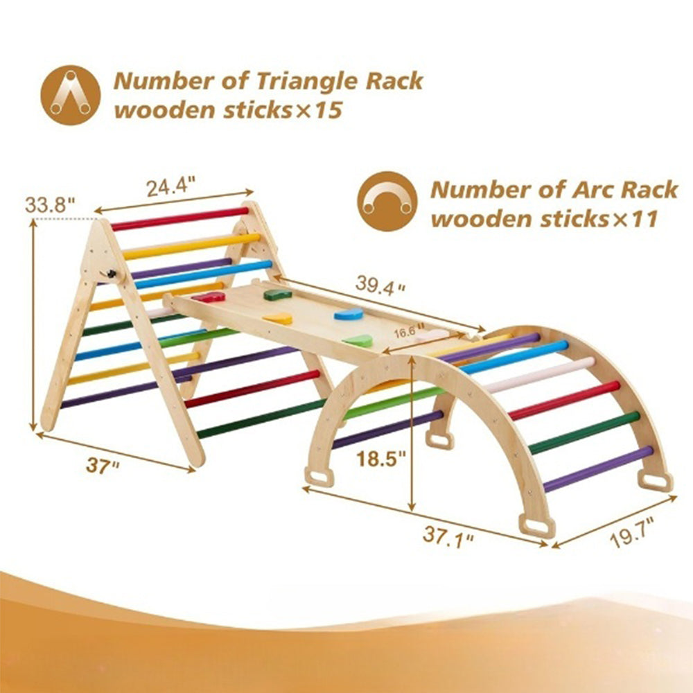 Foldable Montessori Climbing Triangle and Arch Play Set Made of Wood with Colorful Rungs and Double-Sided Slide