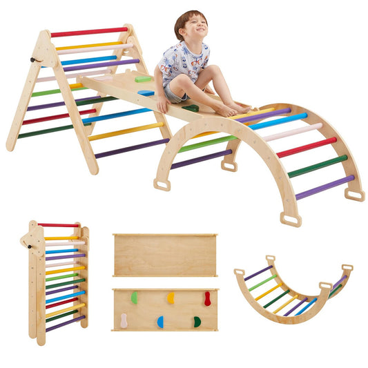Foldable Montessori Climbing Triangle and Arch Play Set Made of Wood with Colorful Rungs and Double-Sided Slide