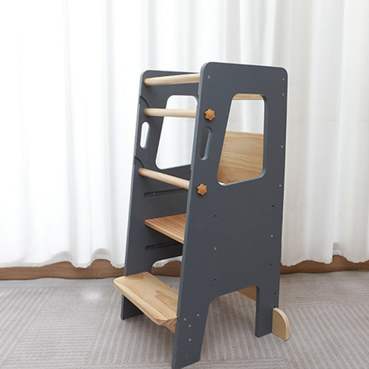Montessori Learning Tower in Grey and Natural Wood – Safe, Height-Adjustable Wooden Step Stool for Children