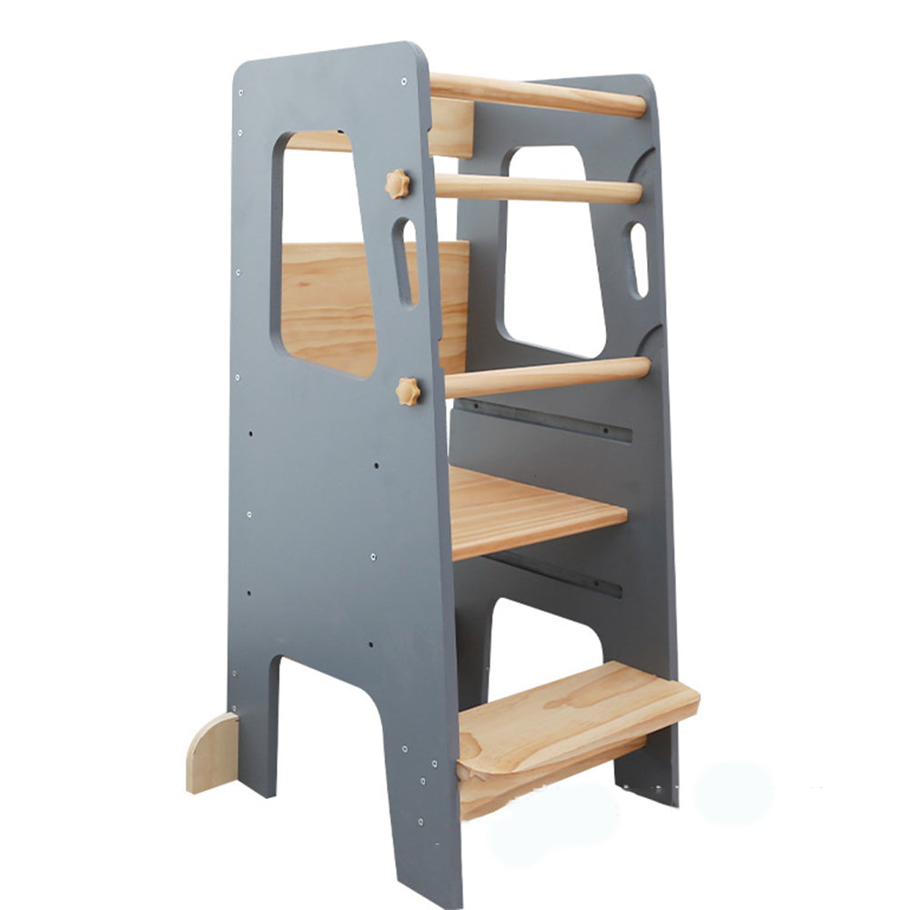Montessori Learning Tower in Grey and Natural Wood – Safe, Height-Adjustable Wooden Step Stool for Children