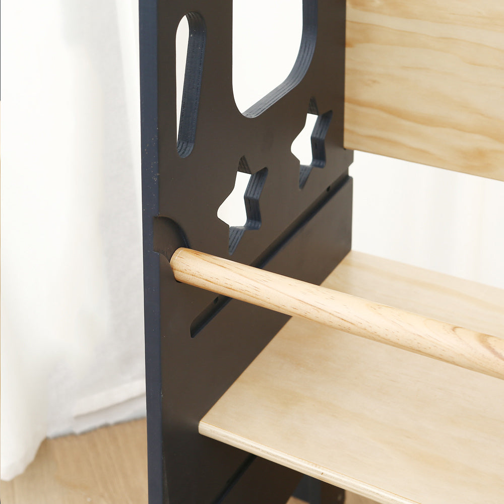 Montessori Learning Tower for Toddlers with Star Cutouts in Gray and Natural Wood, Adjustable Platform, and Safety Rails