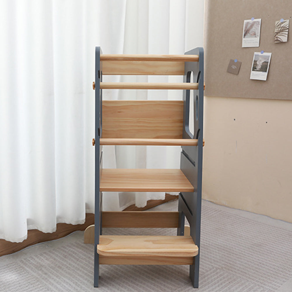 Montessori Learning Tower in Grey and Natural Wood – Safe, Height-Adjustable Wooden Step Stool for Children