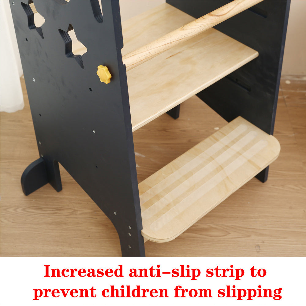 Montessori Learning Tower for Toddlers with Star Cutouts in Gray and Natural Wood, Adjustable Platform, and Safety Rails