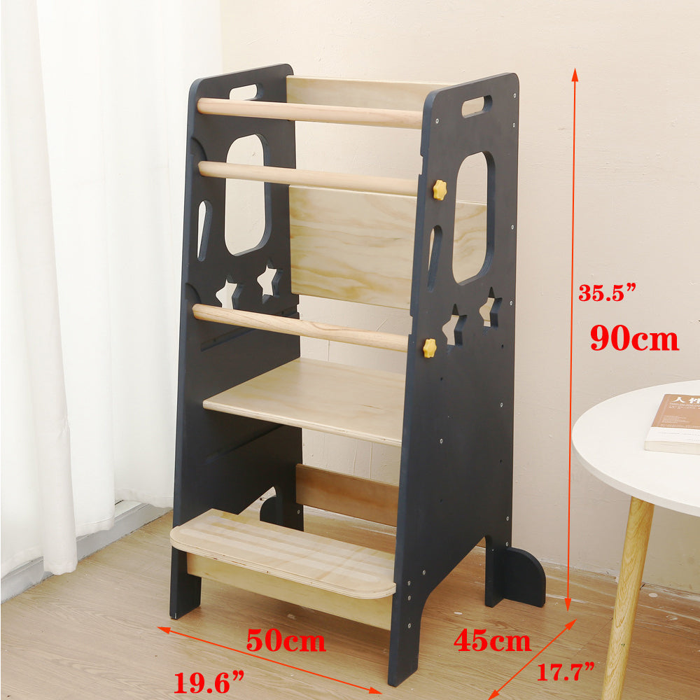 Montessori Learning Tower for Toddlers with Star Cutouts in Gray and Natural Wood, Adjustable Platform, and Safety Rails