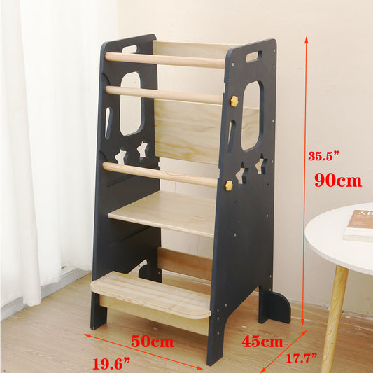 Montessori Learning Tower for Toddlers with Star Cutouts in Gray and Natural Wood, Adjustable Platform, and Safety Rails