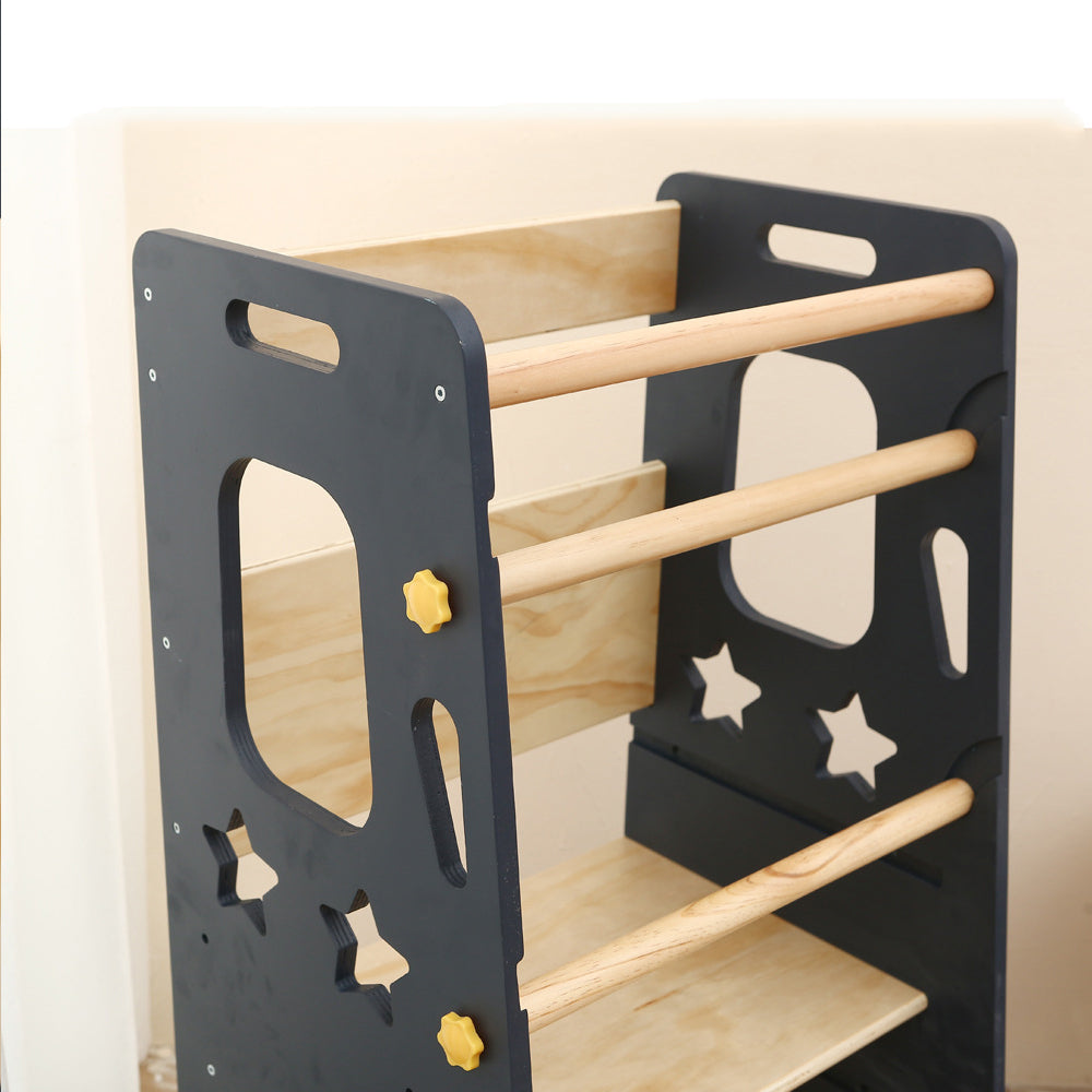 Montessori Learning Tower for Toddlers with Star Cutouts in Gray and Natural Wood, Adjustable Platform, and Safety Rails