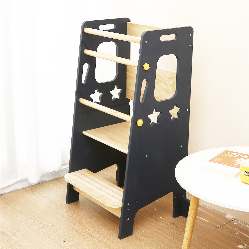 Montessori Learning Tower for Toddlers with Star Cutouts in Gray and Natural Wood, Adjustable Platform, and Safety Rails