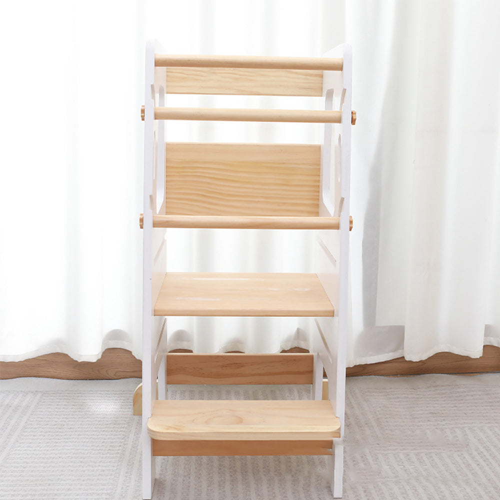 Montessori Learning Tower in White and Natural Wood – Safe and Height-Adjustable Step Stool for Children