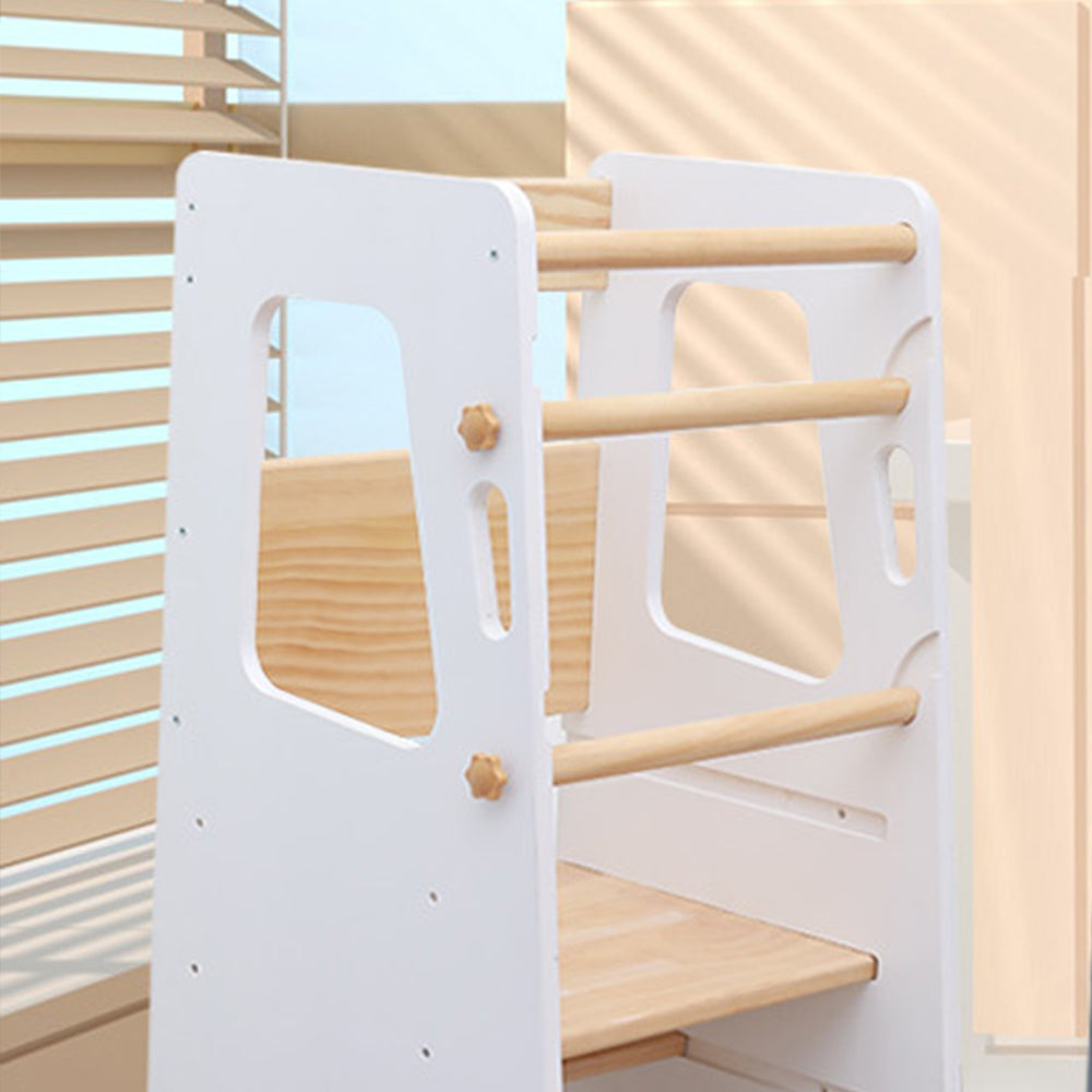 Montessori Learning Tower in White and Natural Wood – Safe and Height-Adjustable Step Stool for Children