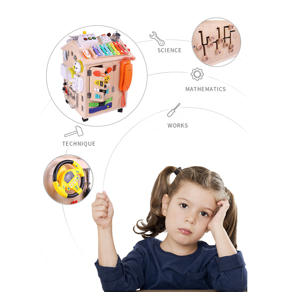 Montessori wooden busy house – educational sensory toy for fine motor skills and early learning