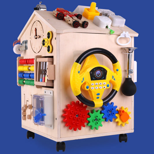 Montessori wooden busy house – educational sensory toy for fine motor skills and early learning