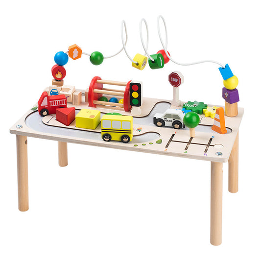 jollychest Busy Activity Table for Toddlers – Montessori Wooden Play Table with Bead Maze and Vehicles