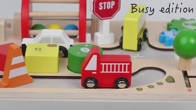 jollychest Montessori Wooden Busy Table with Cars and Traffic Signs – Activity Play Board for Toddlers