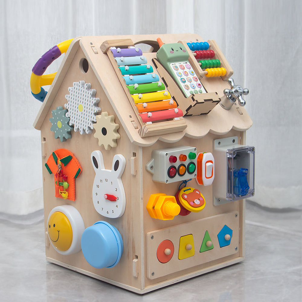 Interactive panels with lights, switches, and shape matching